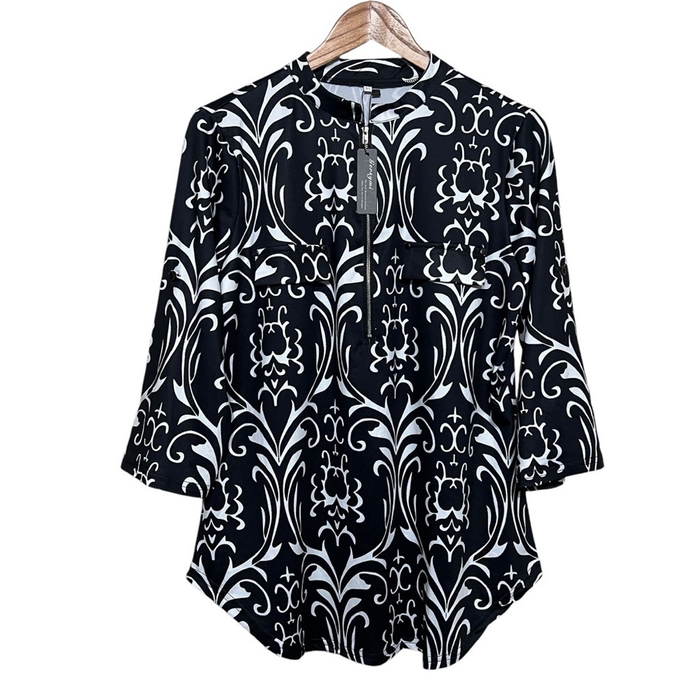 Gersymi Women's Casual Roll Sleeve Zip Up Henley Loose Fit Top Size XL